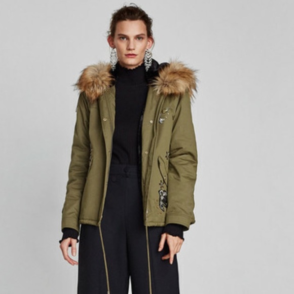 Zara Green Parka Hooded Jacket Faux Fur Interior and Rhinestone Embellishments - Picture 3 of 15
